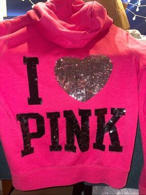 RARE 2010 PINK Victoria's Secret Hot Pink Sequin Heart Hoodie